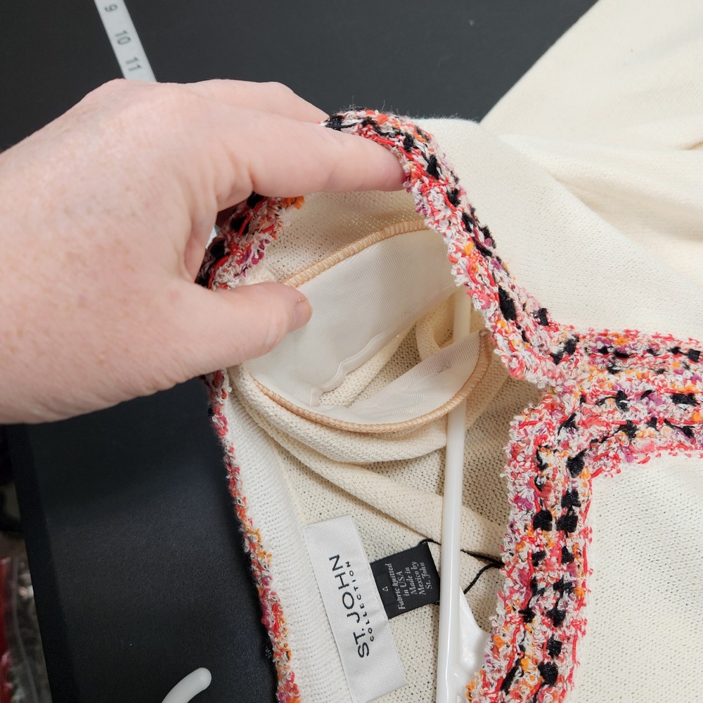 St John Collection White Knit Long Cardigan Jacket Tweed‎ Trim K61HQA3 Womens 4 - Picture 9 of 11